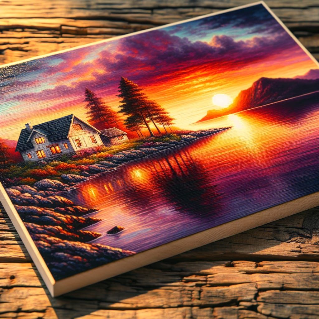 Picturesque Shore House at Sunset on Reclaimed Wood