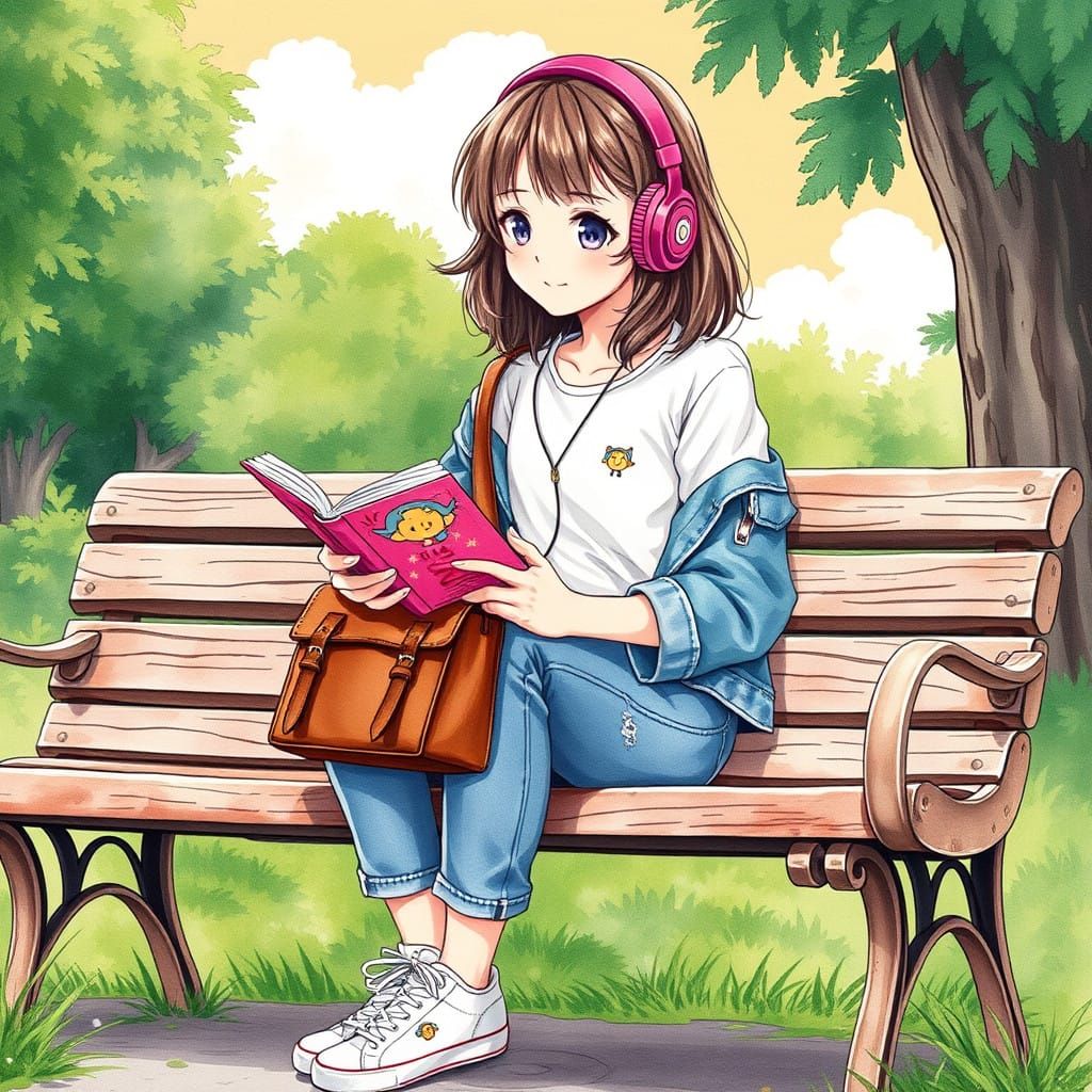 Whimsical Anime-Style Watercolor Girl Reading in a Park