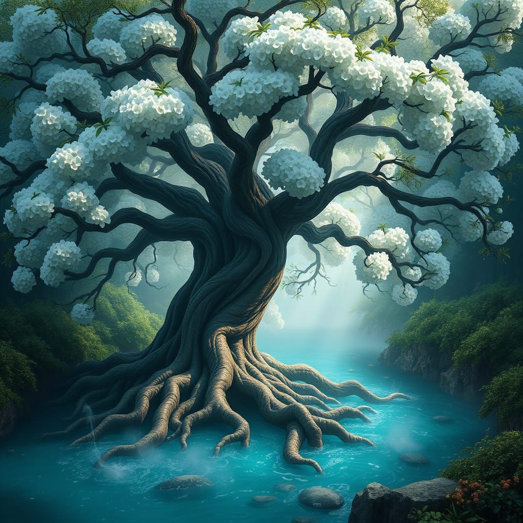 A majestic tree with vibrant, white blossoms stands in a lus...