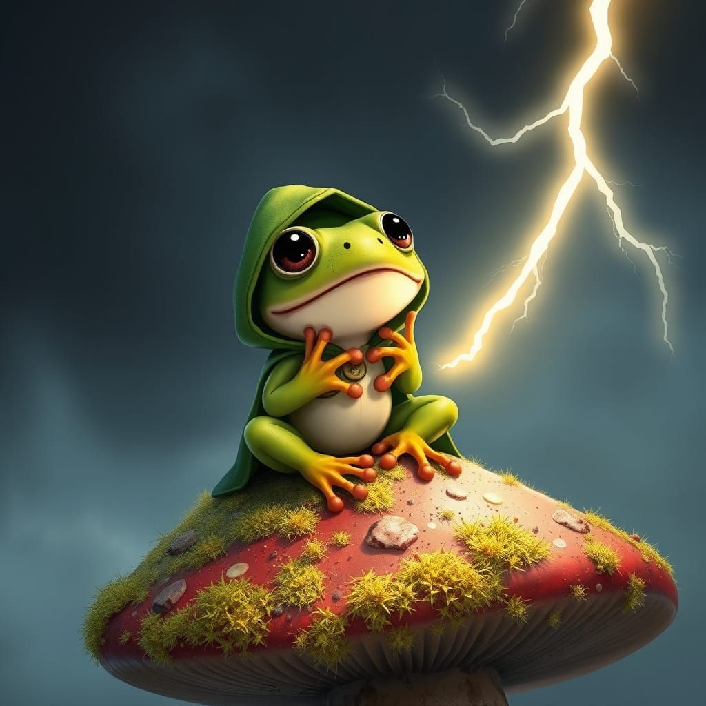 Frog on Toadstool Shocked by Lightning, Miyazaki Style