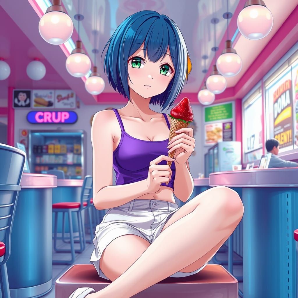 Anime Girl in Ice Cream Parlor, 3D Render