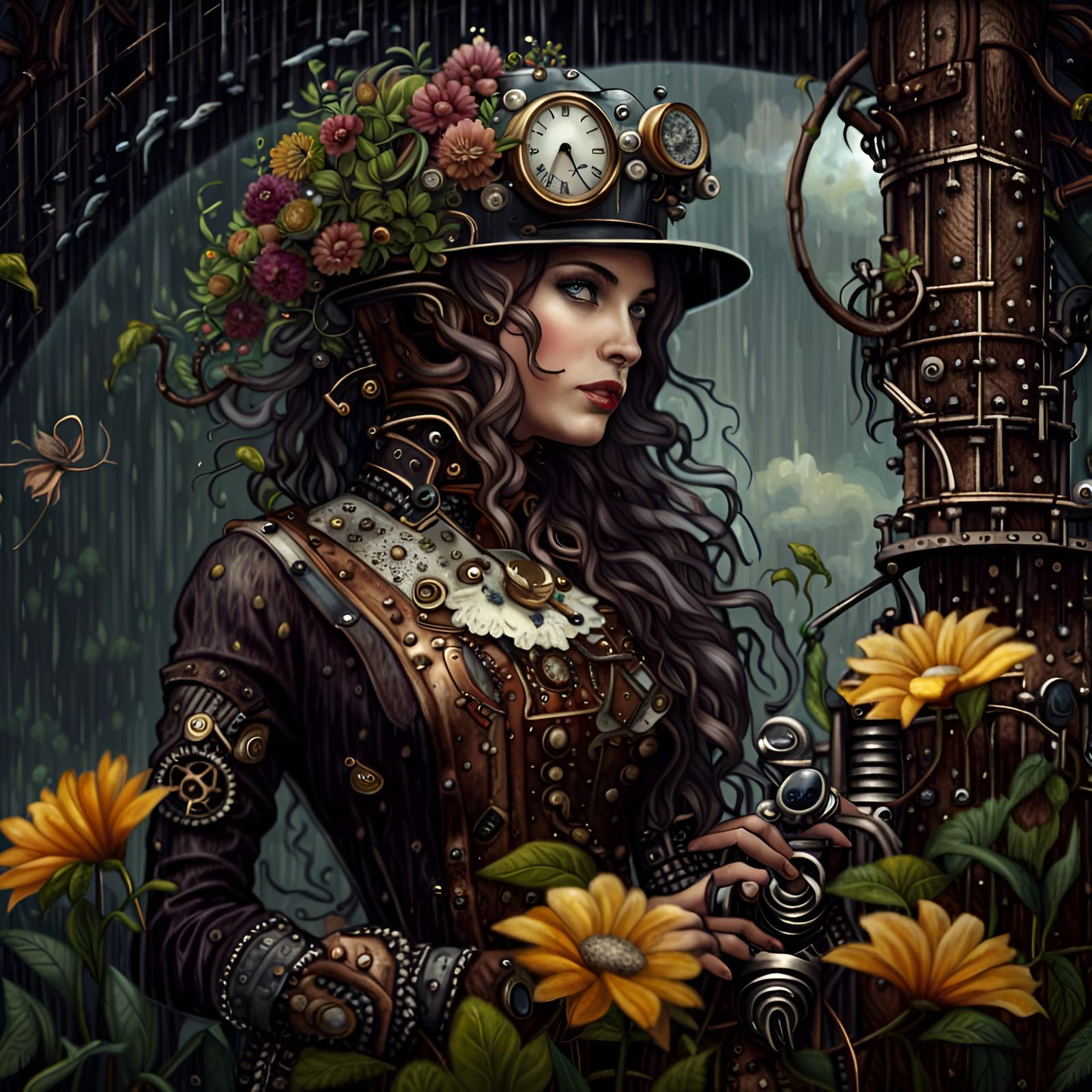 Steampunk Beauty in Rainy Garden
