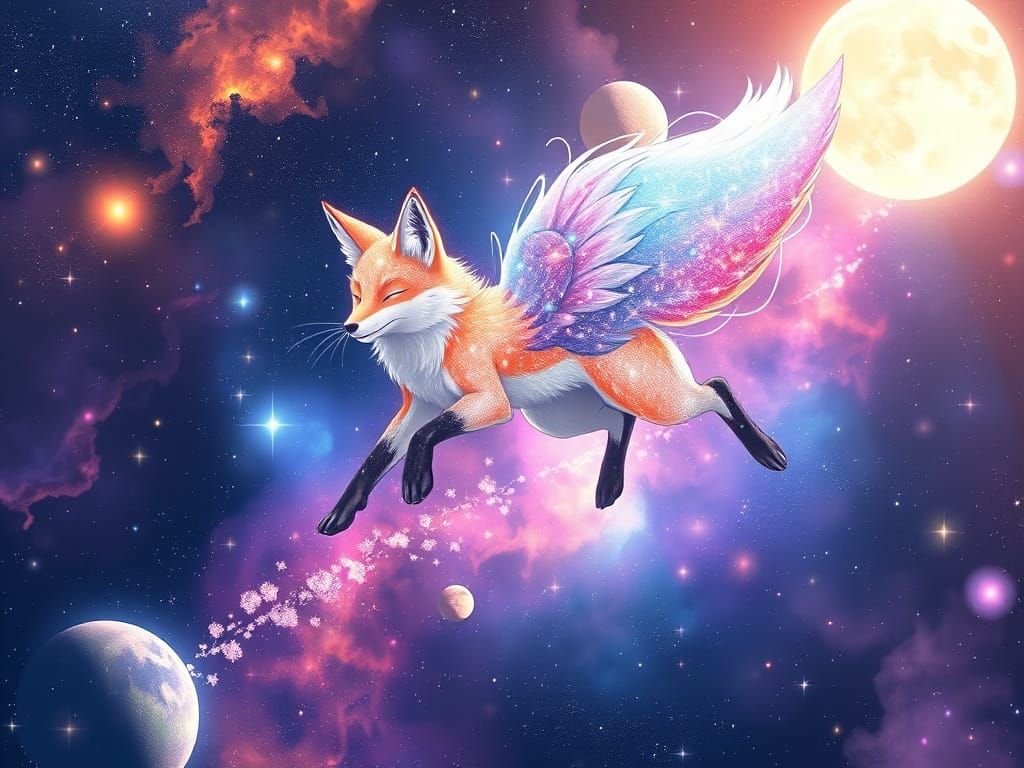 Celestial Fox Spirit Leaps Through Vibrant Nebula in Makoto ...