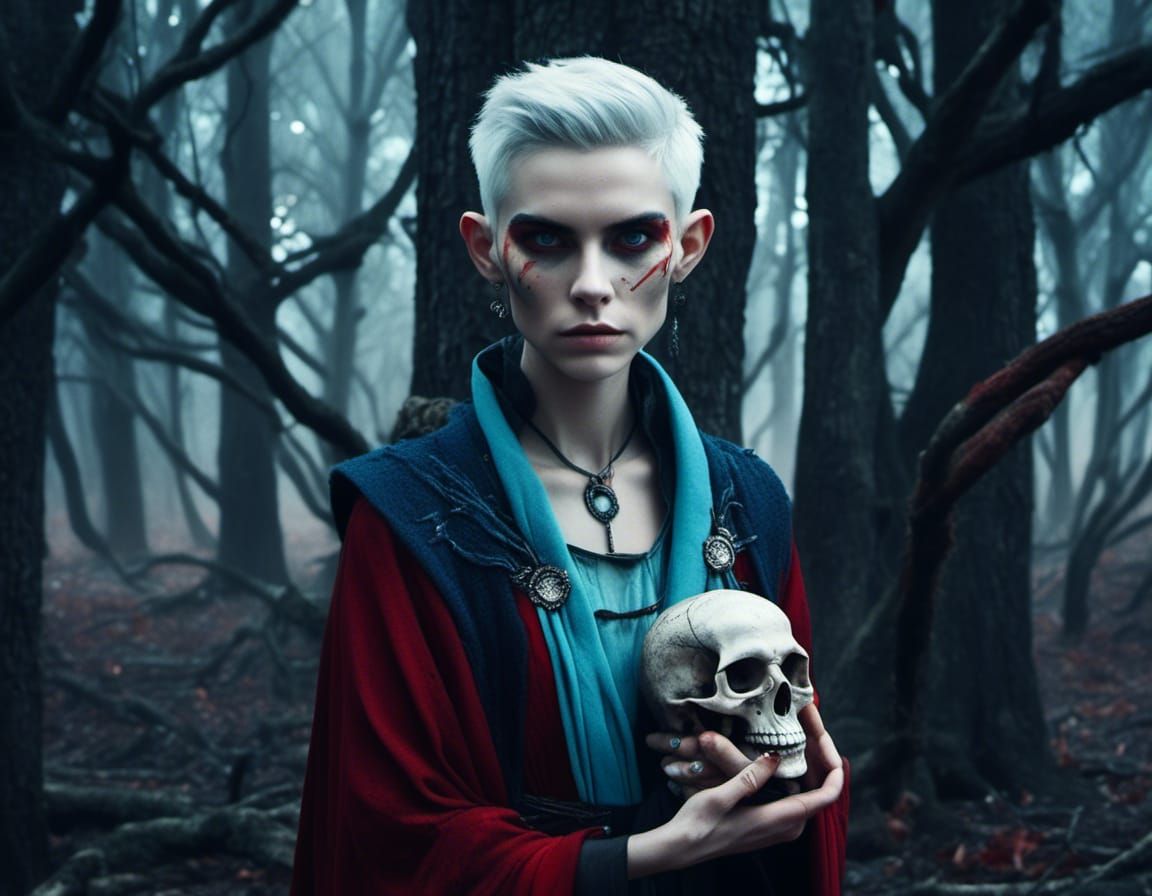 Androgynous Half-Elf Necromancer in Super Hyperrealism