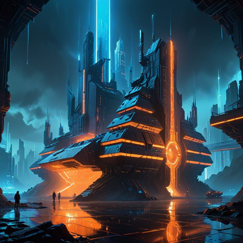 Tron Castle Concept Art with Neon Grid Aesthetic