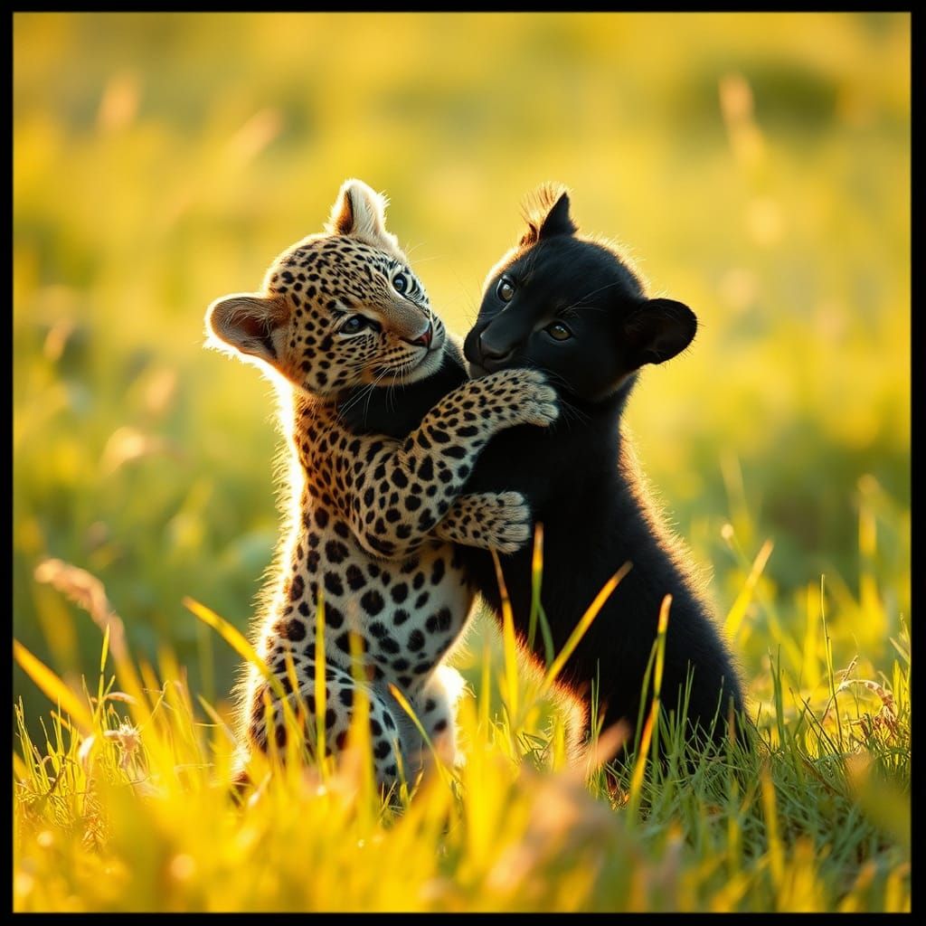 Leopard and Panther Cubs Play in Golden Sunlight