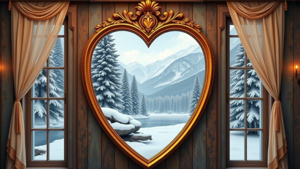Heart-Shaped Mirror Reflects Winter, Klimt-Inspired Style