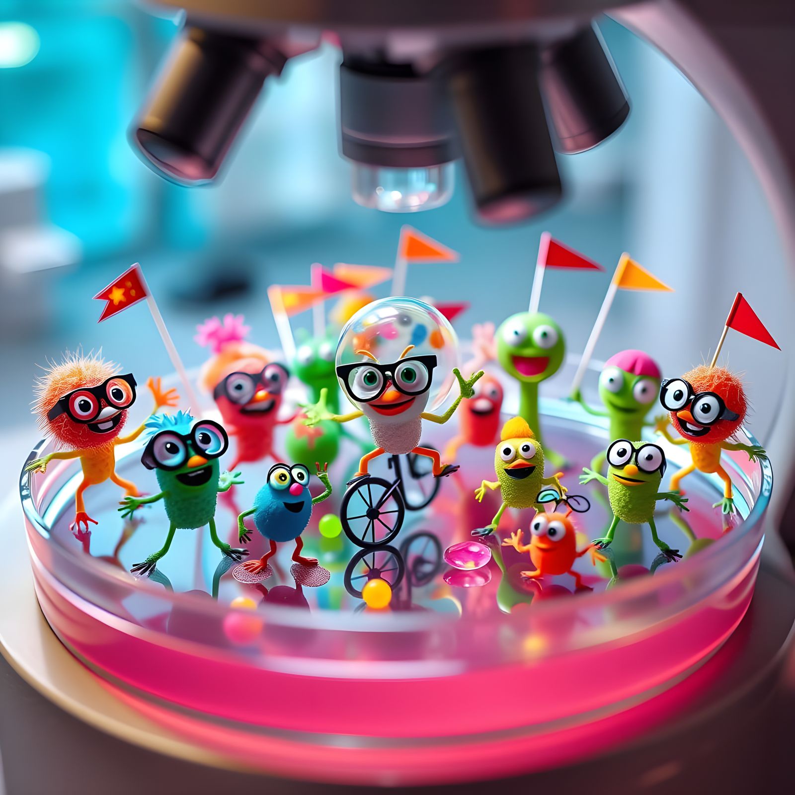 Funny Colorful Microbes Play in Petri Dish