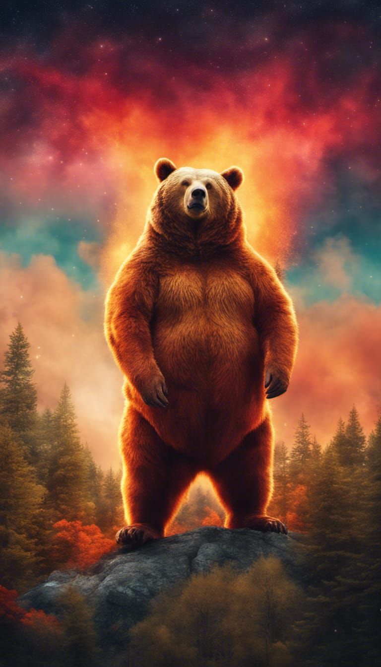Magical Surreal Bear Portrait in Fiery Sky
