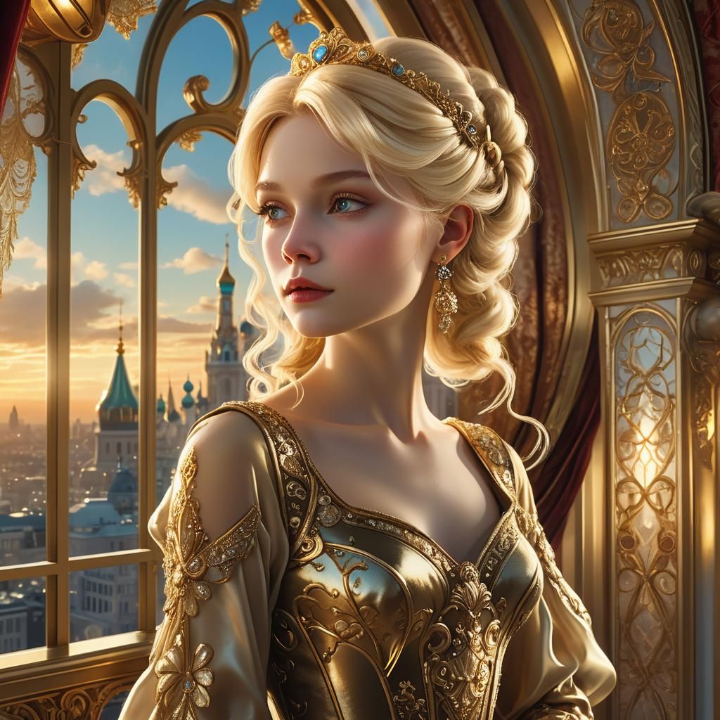 Opulent Baroque Fairy Queen Gazing at City
