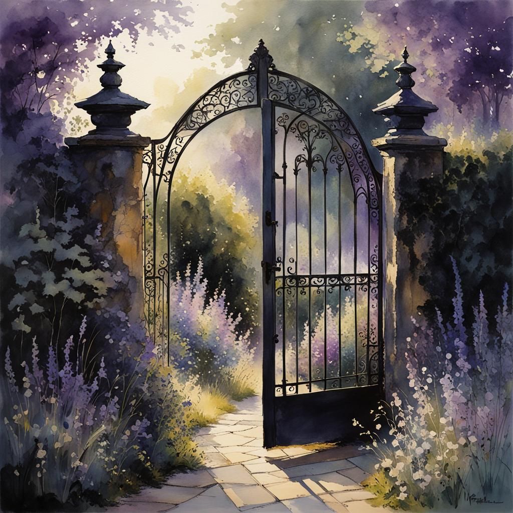 Enchanted Garden Gate in Violet Evening Light