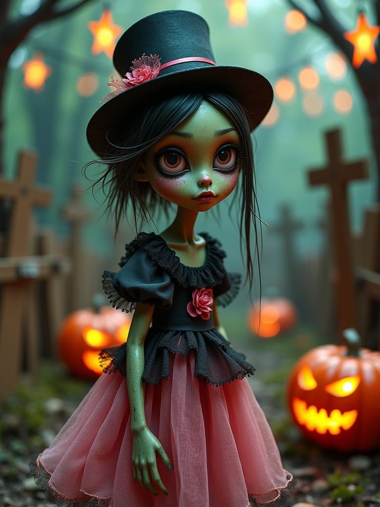 Eerie Undead Ghoul in Whimsical Cemetery Portrait