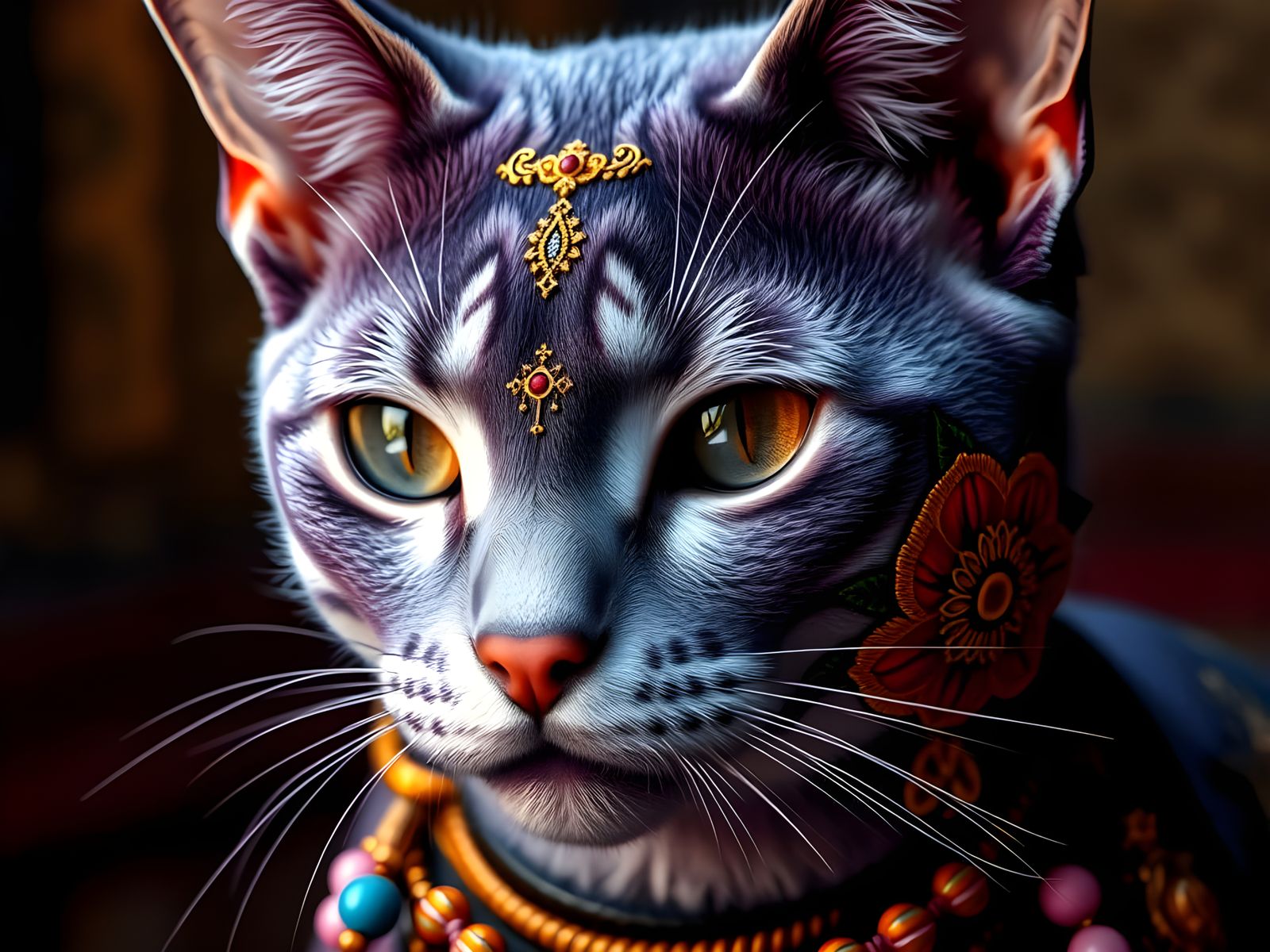 Violet Cat with Beaded Tattoos in Maximalist Style