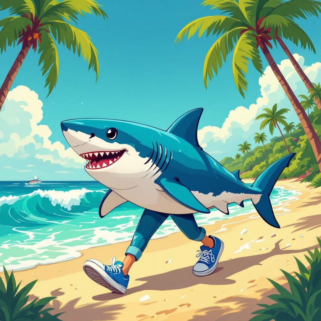 Whimsical Blue Shark Walks on Sunny Beach