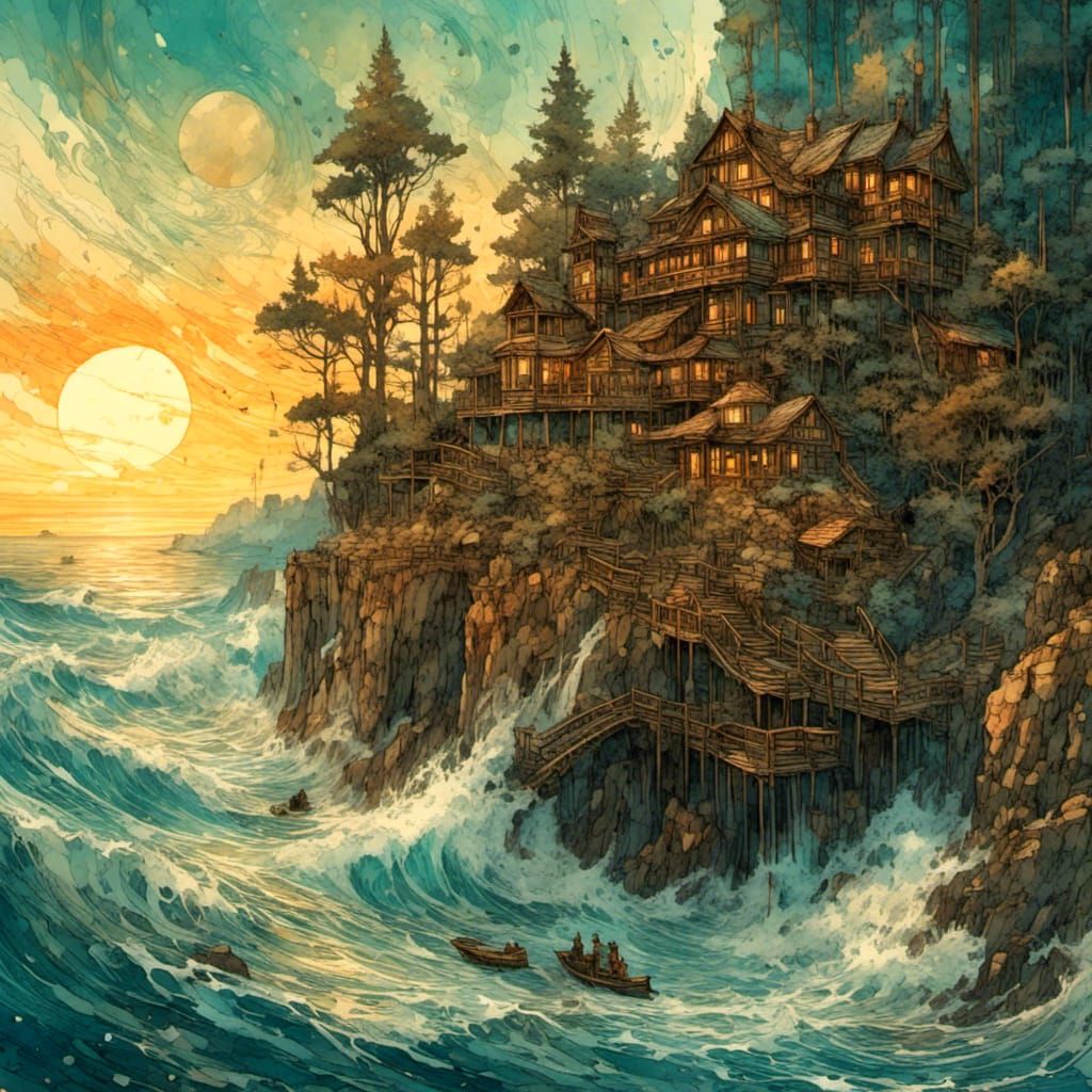 Fantasy Cliffside Victorian Home at Sunset