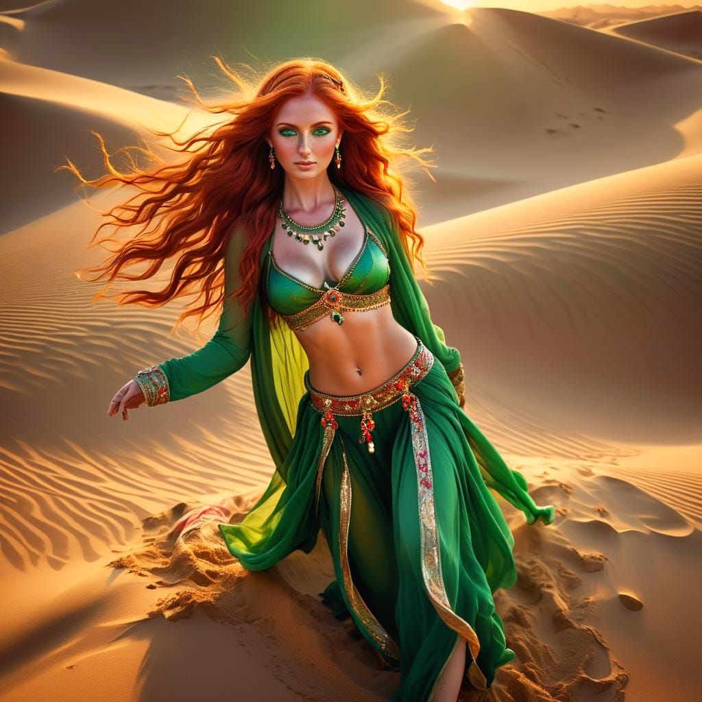 Red-Haired Belly Dancer on a Sand Dune