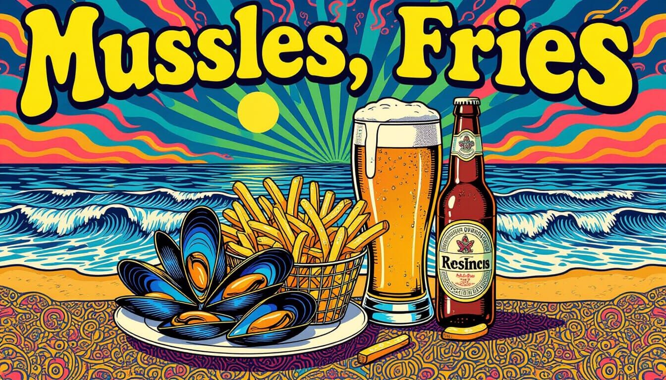Psychedelic Art Poster of Mussels, Fries, and Beer