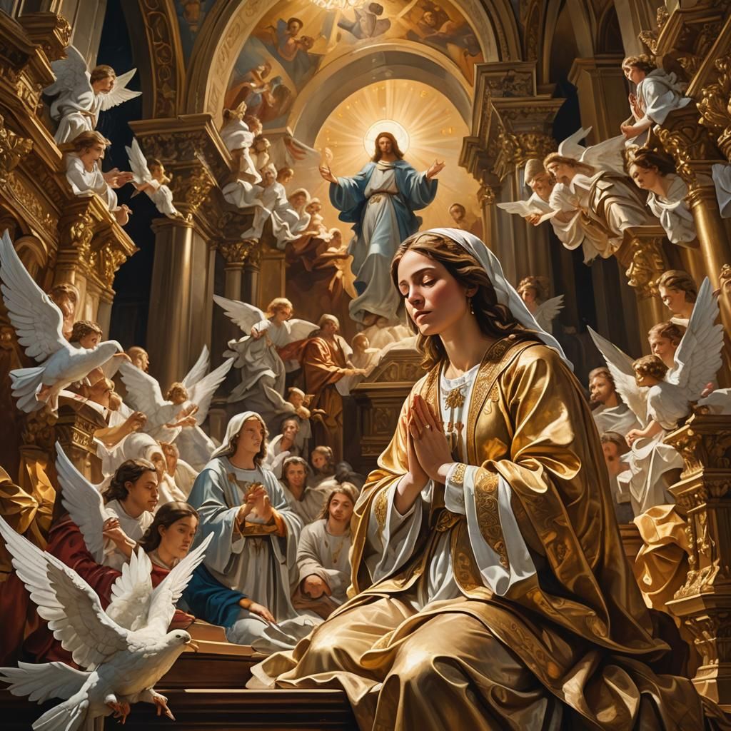 Woman Praying with Angels in Baroque Oil Painting