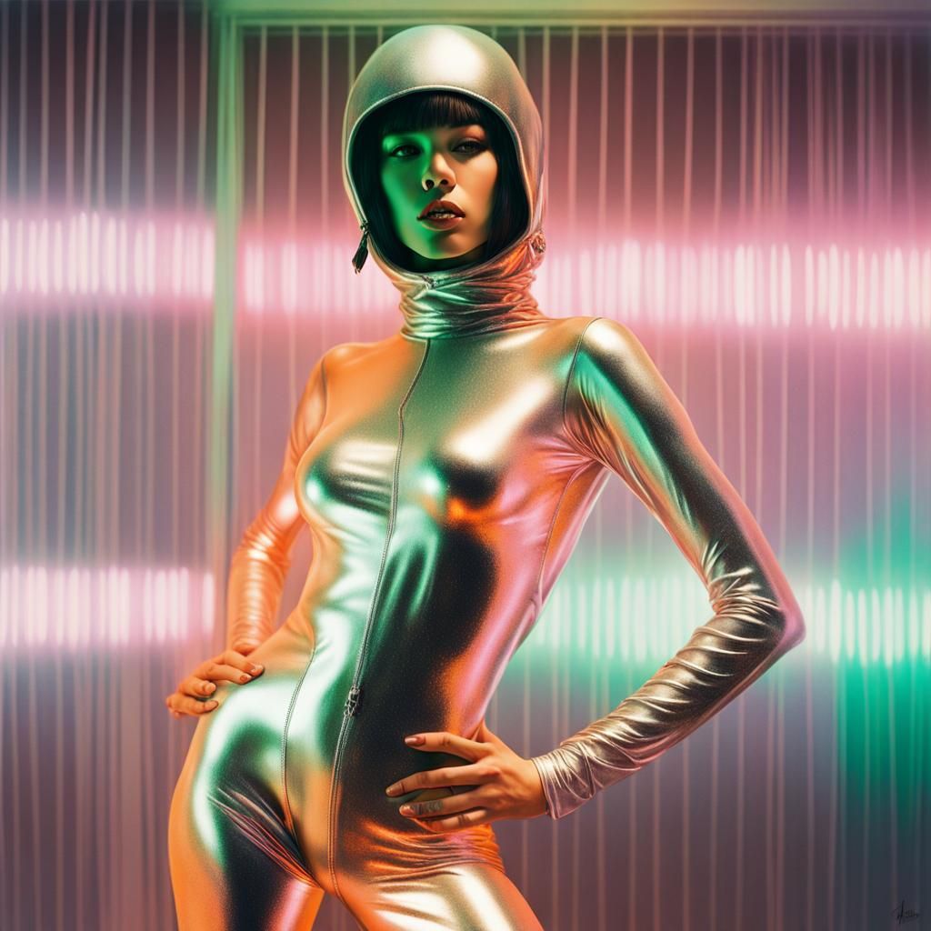 Amused Woman in Glittery Jumpsuit, Sorayama Style