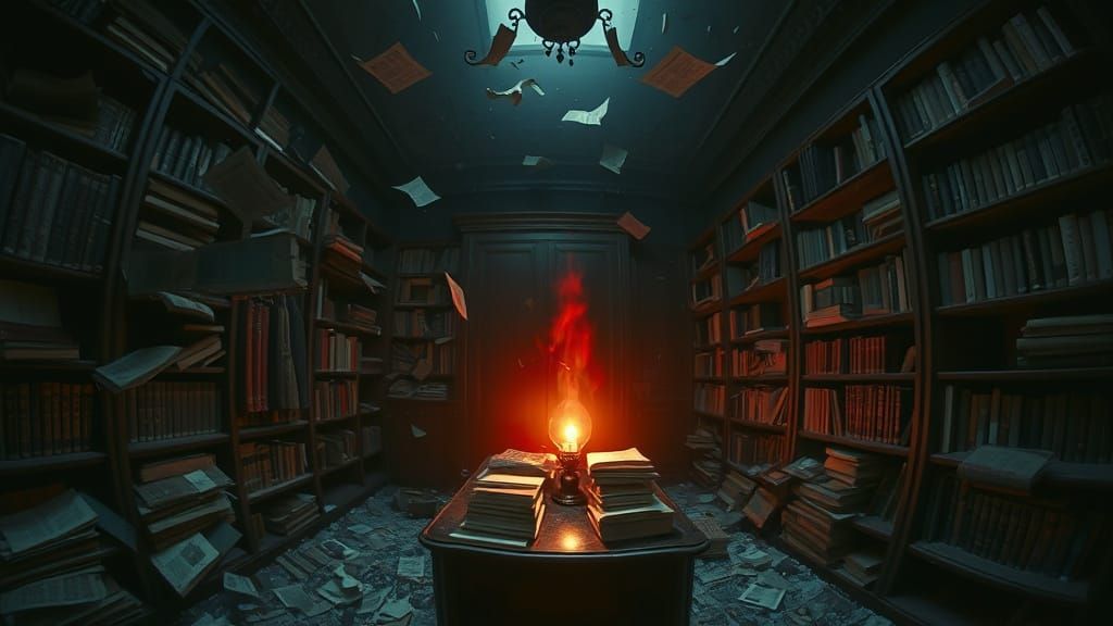 Abandoned Study with Shattered Glass in Surreal Realism