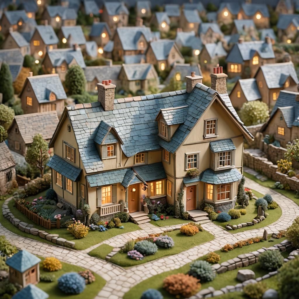 Colorful Miniature Dollhouse on Architectural Drawing