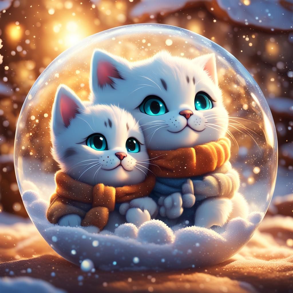 Chibi Kittens Patting Snowcat in Winter Wonderland