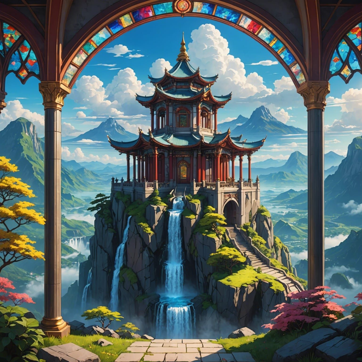 Stained Glass Mountain Temple in Anime Style