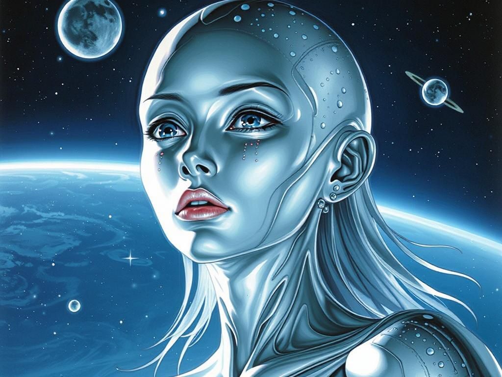 Silver Alien Woman in Space, Futuristic Art
