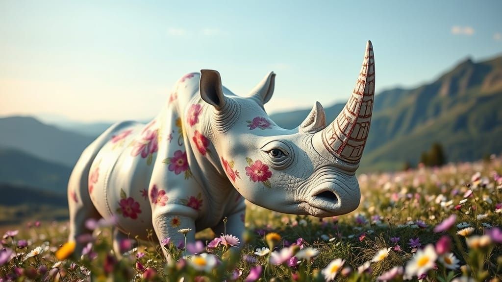 Surreal Rhinoceros in Floral Porcelain Skin with Delicate Mo...