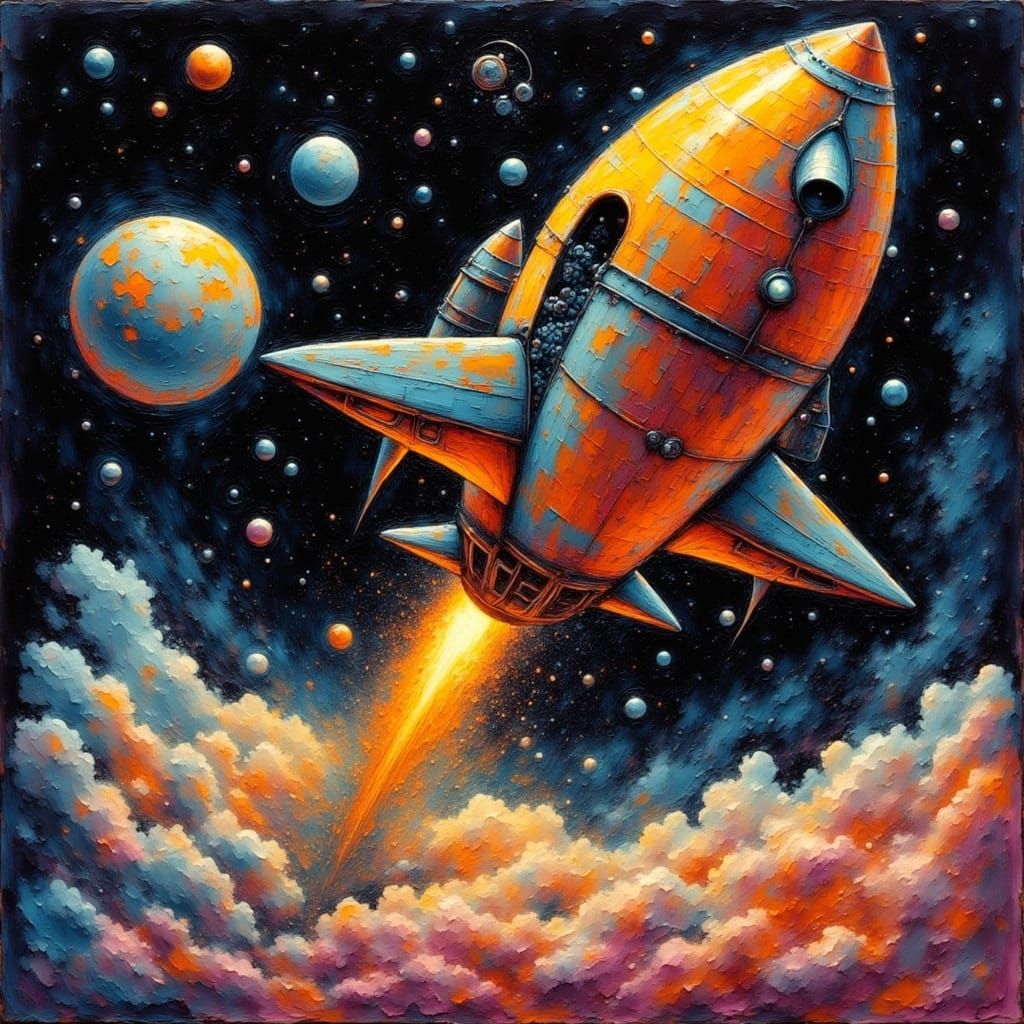 Retro Steampunk Rocket Ship in Deep Space