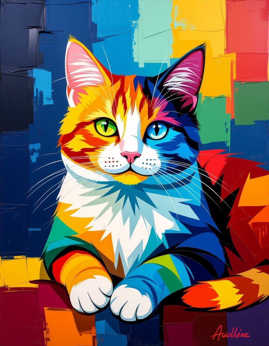 Vibrant Cat Portrait in Heavy Textured Acrylic