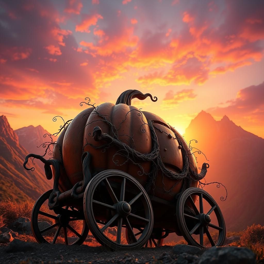 Pumpkin Carriage at Sunset, Hyperrealistic Digital Art