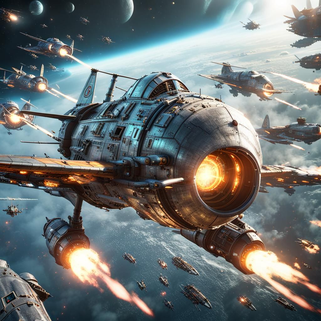 Steampunk Space Spitfire Fleet Attack in 3D