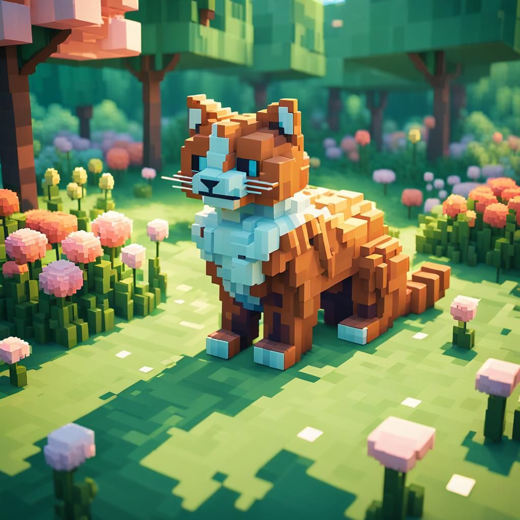 Ginger Voxel Cat Sleeping in Minecraft Garden