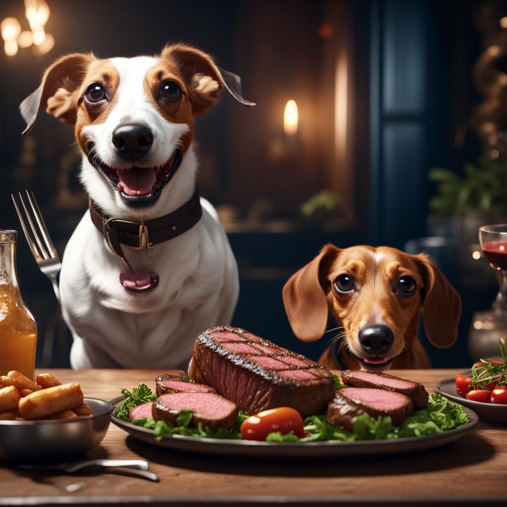 Jack Russell and Dachshund Share Steak, Fantasy Concept Art