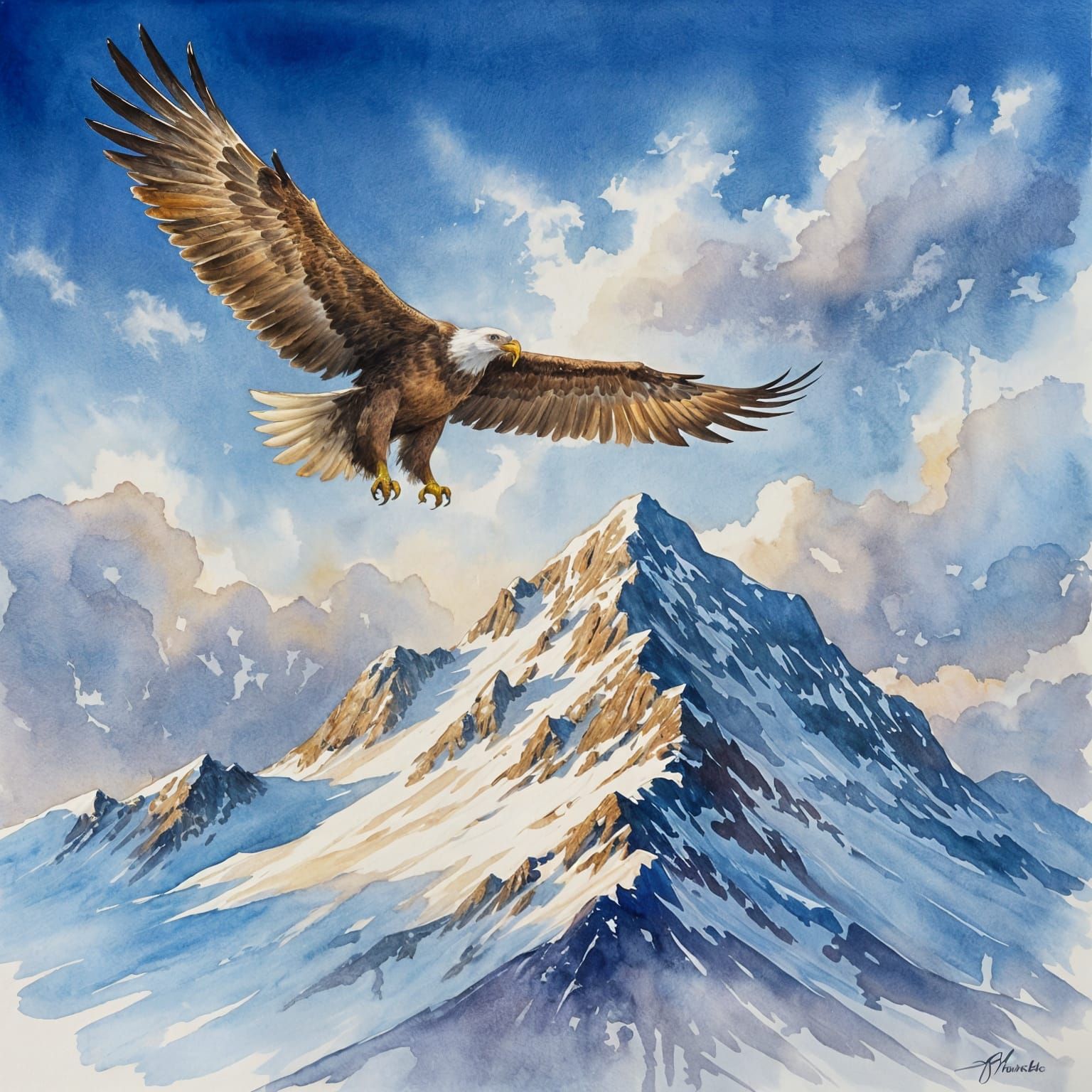 Vivid Watercolour Eagle Soaring Over Mountain Top