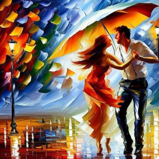 Couple Dancing in Rain, Impressionist Oil Painting