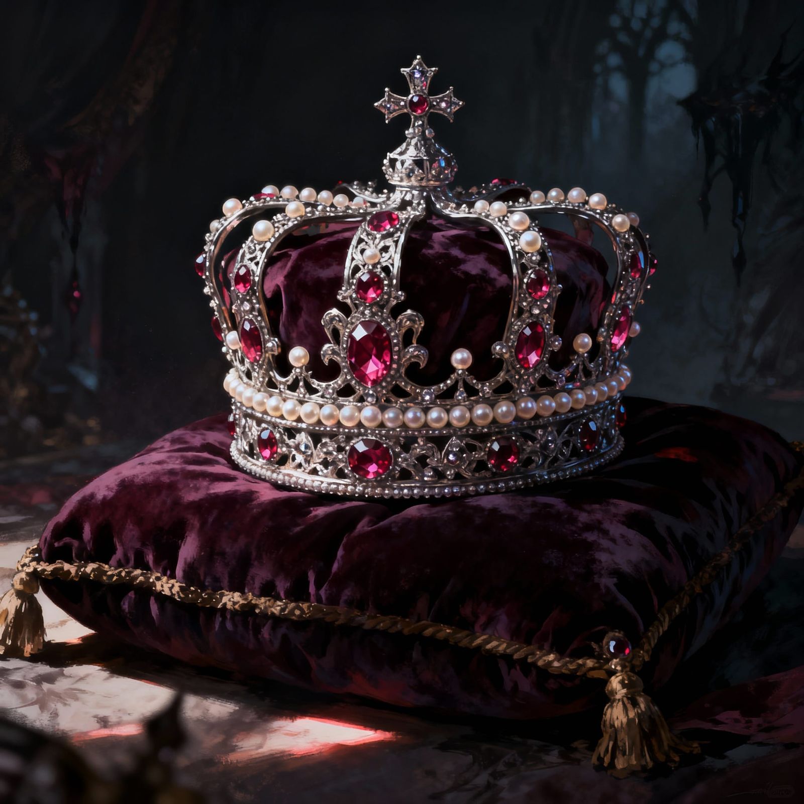 Ornate Crown on Velvet Cushion in Gothic Fantasy Style