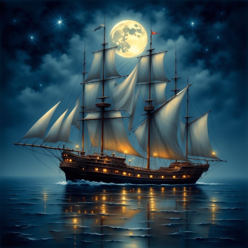 Moonlit Ship on Sea in Antique Watercolor Style