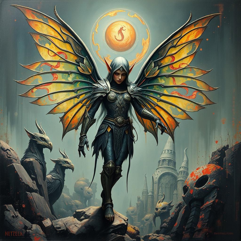 Fairy Elf in Celtic Armor, Impasto Palette Knife Art