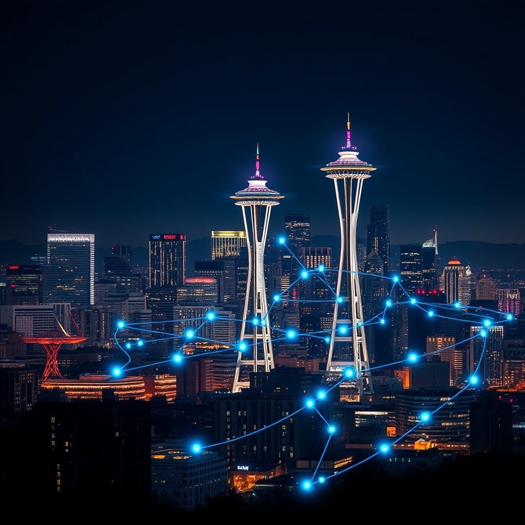 Seattle Skyline with Holographic Data Overlay
