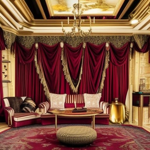 Hogwarts Harry Potter themed living room with Gold walls with Burgundy red accents& Golden windows& Burgundy red curtain...