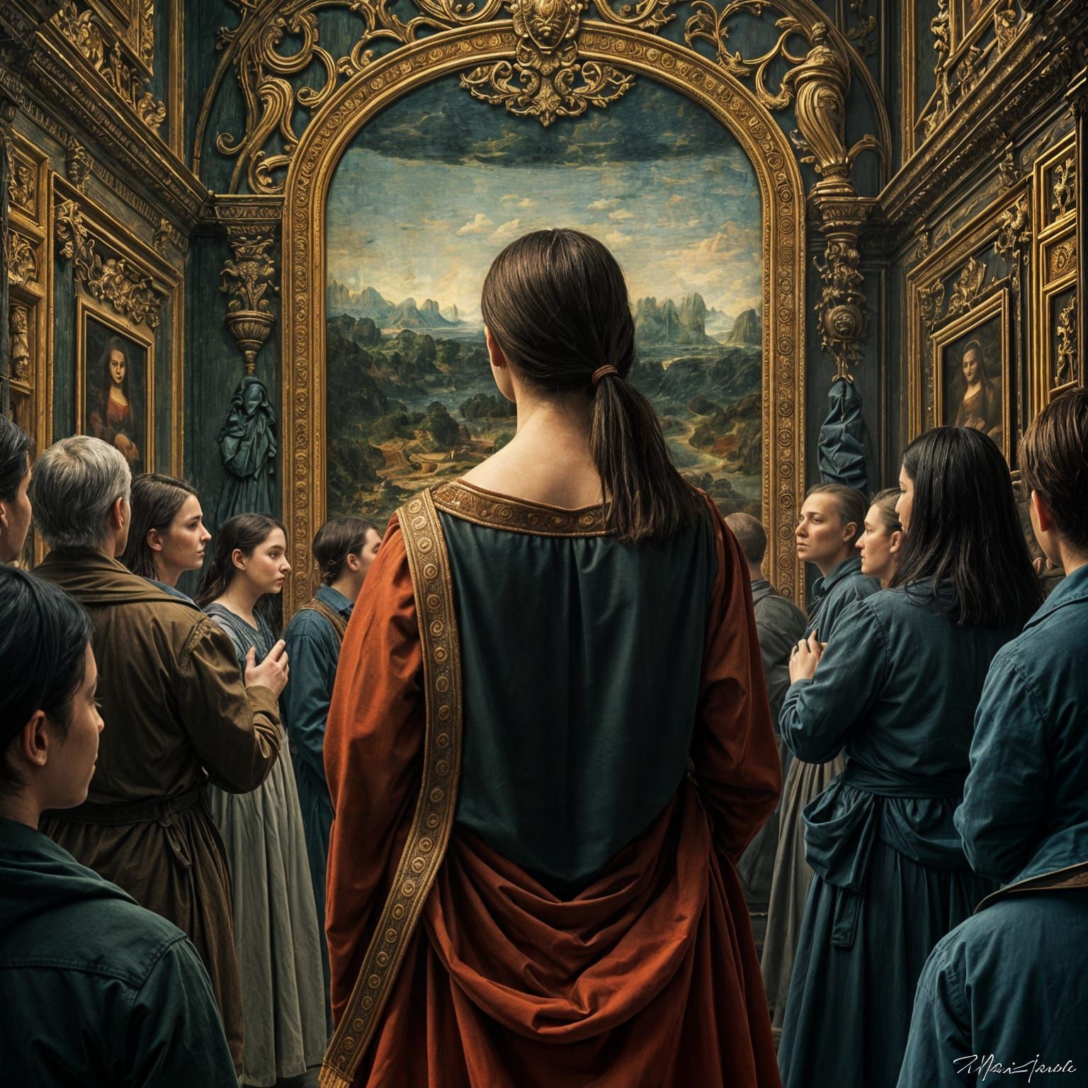 Hyperrealistic Mona Lisa Back View, People Watching