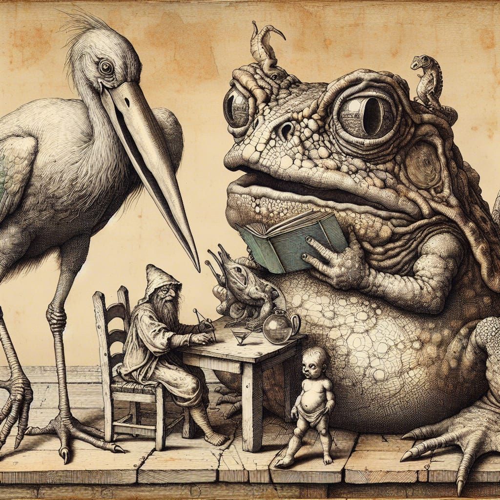 Renaissance Stork and Toad Fantasy Scene