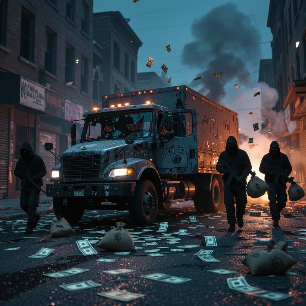 Abandoned Bank Truck Heist in Gritty Urban Night