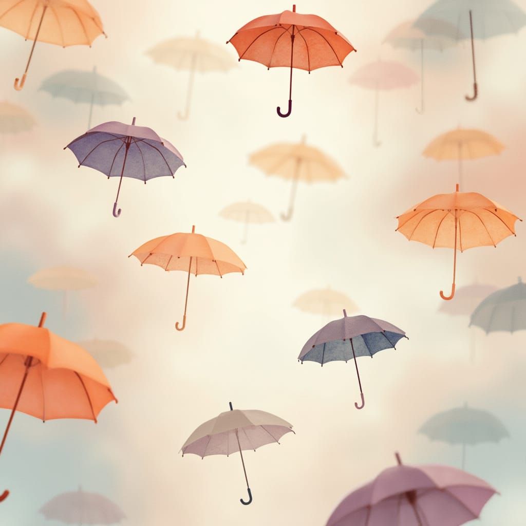 Dreamy Watercolor Umbrellas Floating in Pastel Sky