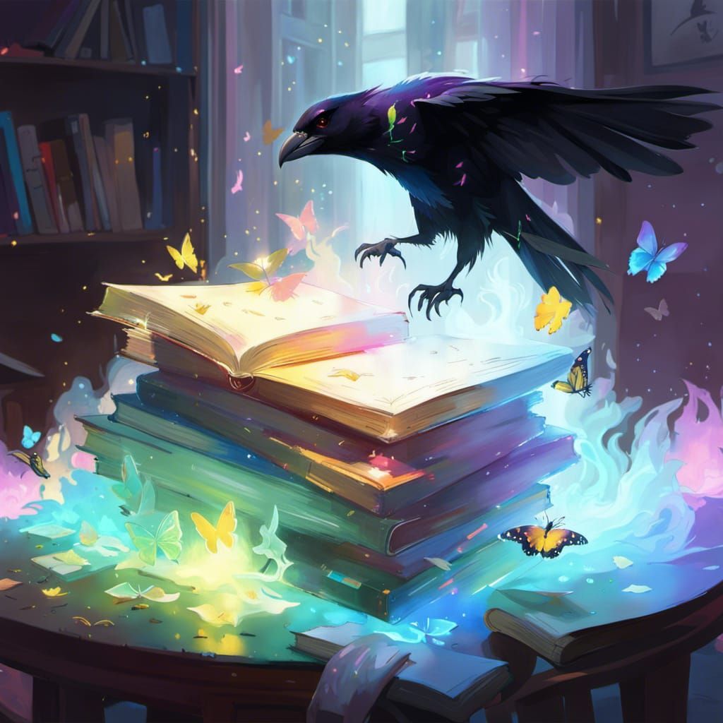 Glowing Books with Ravens in Digital Art Style