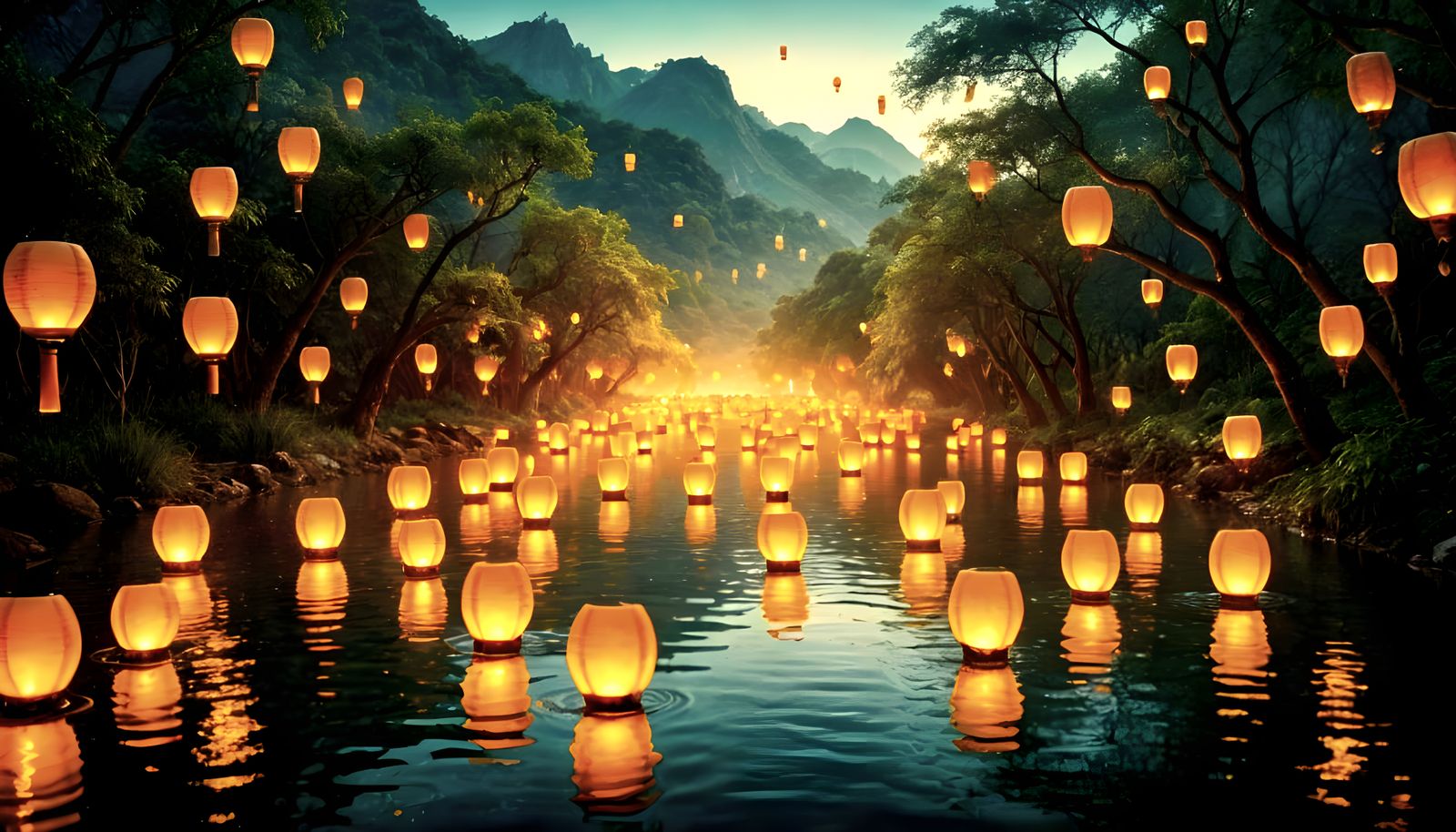 A tranquil river carrying countless floating lanterns