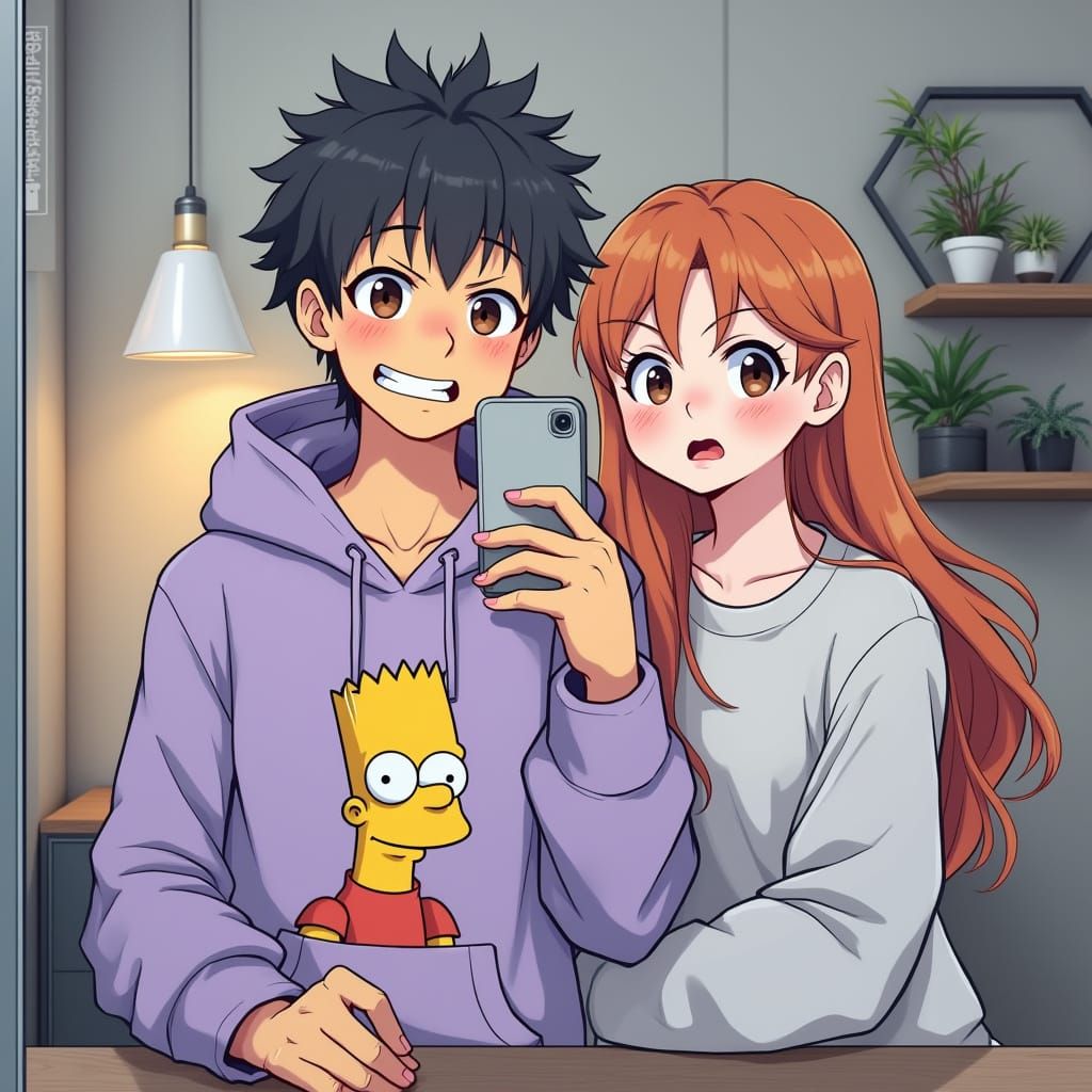 Anime Couple Selfies in Industrial Room