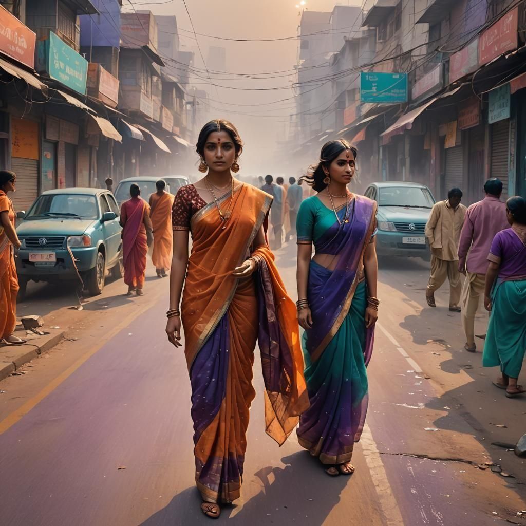Women in Sarees on Busy Street: Fantasy Concept Art